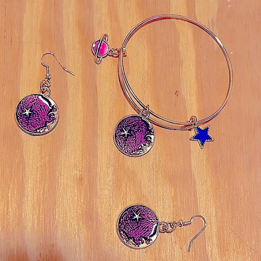 Textured Royal Purple & Gold Celestial🌙💫 Bangle & Earrings SET